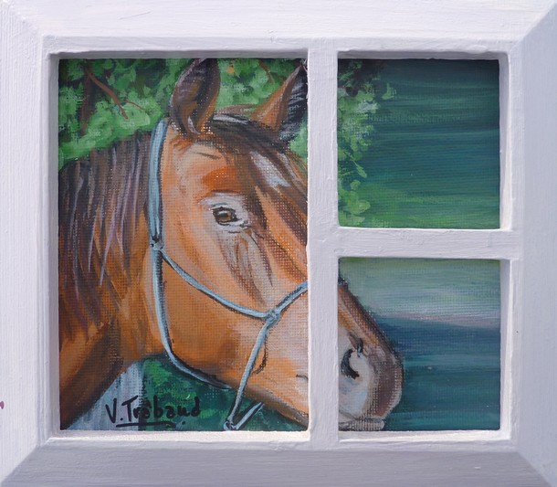 Peinture acrylique - Portrait de cheval et fentre - Virginie TRABAUD Artiste Peintre