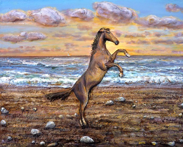 Peinture Cheval roux cabr sur la plage - Acrylique et mortier en relief Virginie TRABAUD Artiste peintre