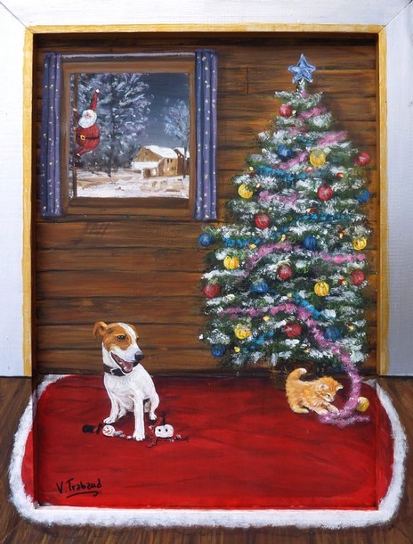 Tableau de peinture chien et chat sapin de nol - Copyright virginie trabaud