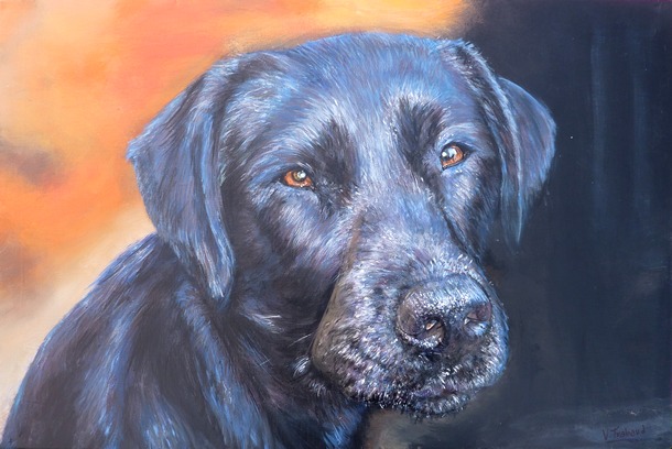 Peinture Portrait de Labrador Noir Cliff - acrylique et sculpture au mortier en relief 3D - virginie Trabaud