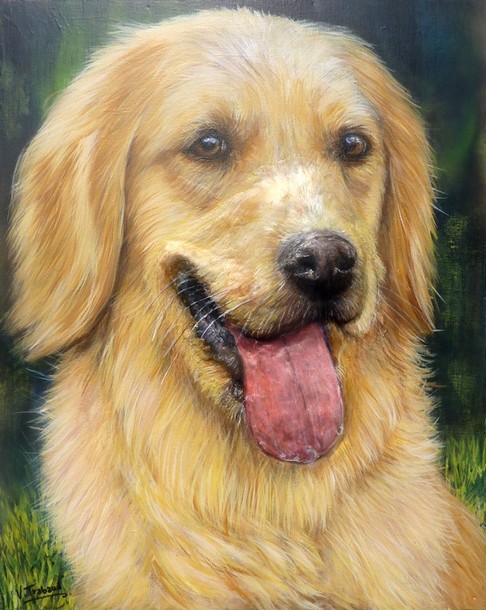 Peinture Portrait de Chien Golden Retriever - acrylique et sculpture au mortier en relief 3D - virginie Trabaud