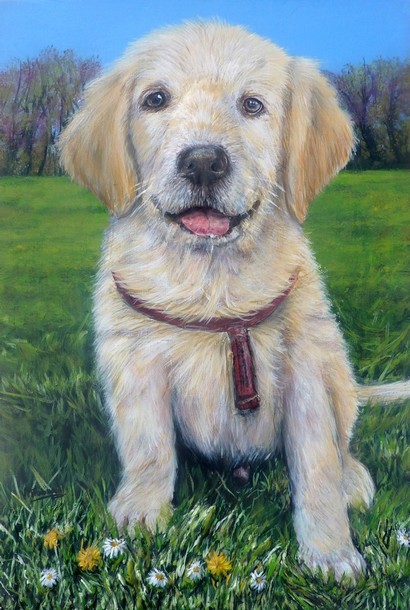 Peinture Portrait de Chiot Golden Retriever - acrylique et sculpture au mortier en relief 3D - virginie Trabaud