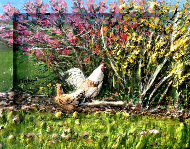 Peinture Coq Poule et Poussins - Virginie Trabaud Artiste Peintre