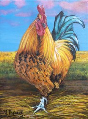 Peinture de Coq roux dans le foin - acrylique - Virginie Trabaud Artiste Peintre