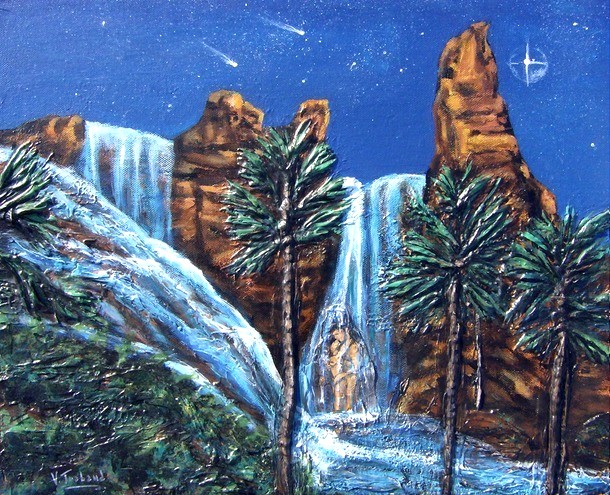 peinture couple nu sous la cascade - virginie trabaud