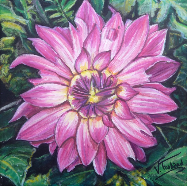 Peinture Le Dahlia Rose - Acrylique - Virginie Trabaud Artiste Peintre