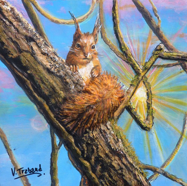 Peinture cureuil dans un arbre - Acrylique et Mortier en relief Virginie TRABAUD Artiste peintre