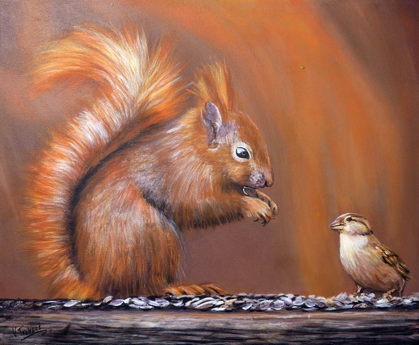 Peinture cureuil roux mangeant des graines avec un moineau - acrylique virginie trabaud