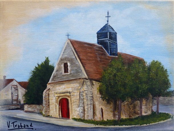 Peinture glise paroissiale de Saint-Denis-Ls-Sens d'aprs carte postale ancienne - Virginie TRABAUD