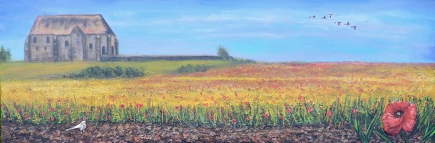 Peinture en Relief 3D - - glise de campagne coquelicots et faisan - Virginie Trabaud Artiste Peintre