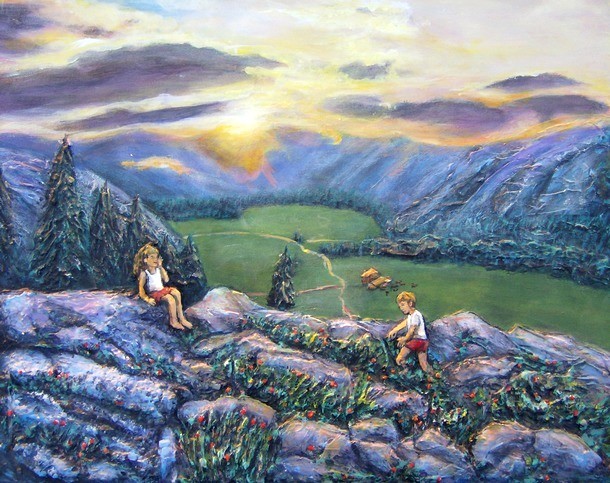 Peinture enfants sur la montagne avec coucher de soleil - acrylique et sculpture au mortier en relief 3D - virginie Trabaud