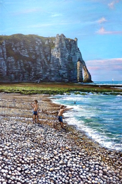 Peinture enfants jouant sur la plage de galets  Etretat - acrylique et sculpture au mortier en relief 3D - virginie Trabaud