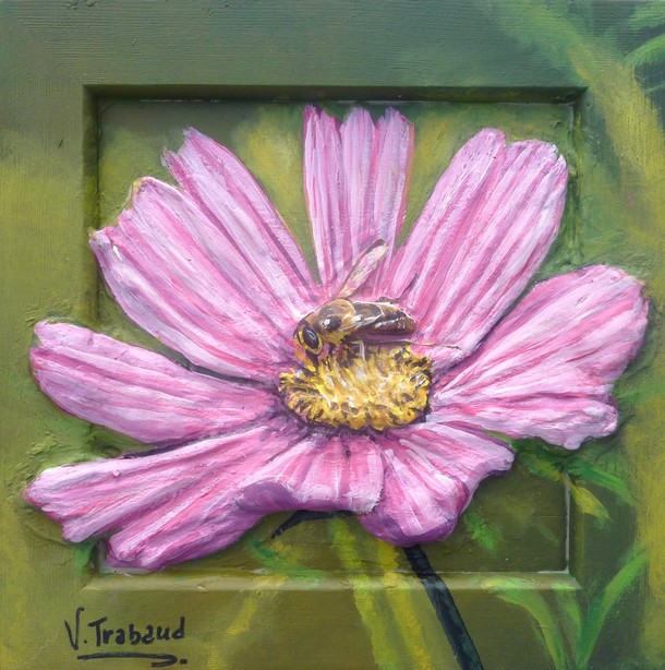 Peinture Fleurs Cosmos et Abeille - Acrylique sur bois - Virginie TRABAUD Artiste Peintre