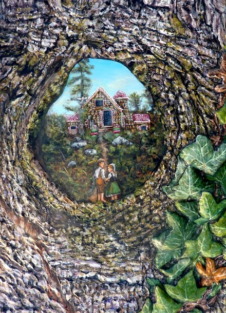 Peinture Hansel et Gretel avec la maison en gteau - acrylique et sculpture au mortier en relief 3D - virginie Trabaud