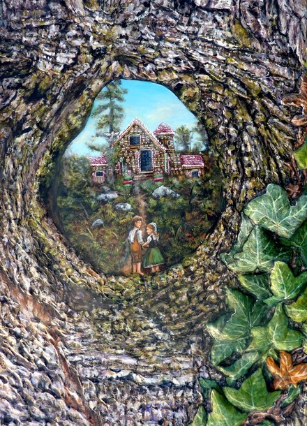 Peinture Hansel et Gretel avec la maison en gteau - acrylique et sculpture au mortier en relief 3D - virginie Trabaud
