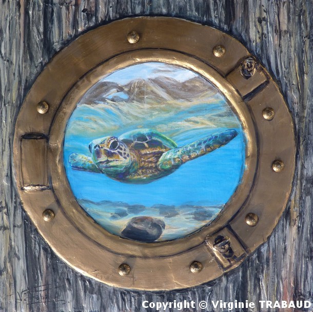 Peinture Hublot Tortue de mer - Acrylique et sculpture 3D - Virginie TRABAUD Artiste Peintre