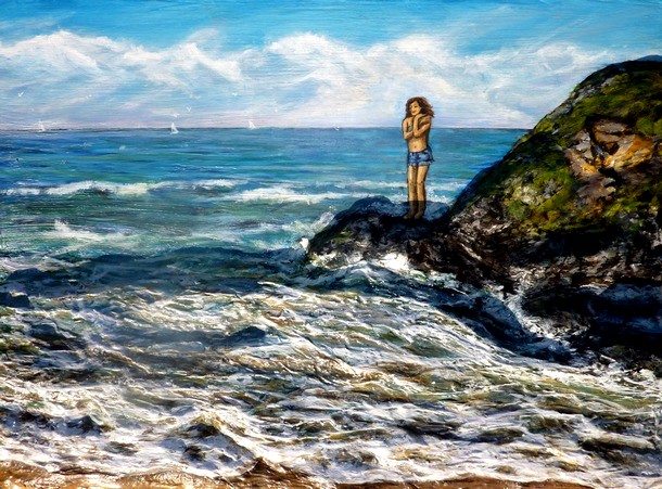 Peinture en Relief 3D - vague et plage de belle ile en mer femme sur les rochers - Cliquez sur l image pour voir l agrandissement et la fiche dtaille de l oeuvre