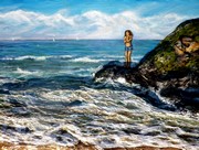 Peinture en Relief 3D - vague et plage de belle ile en mer femme sur les rochers - Cliquez sur l image pour voir l agrandissement et la fiche dtaille de l oeuvre