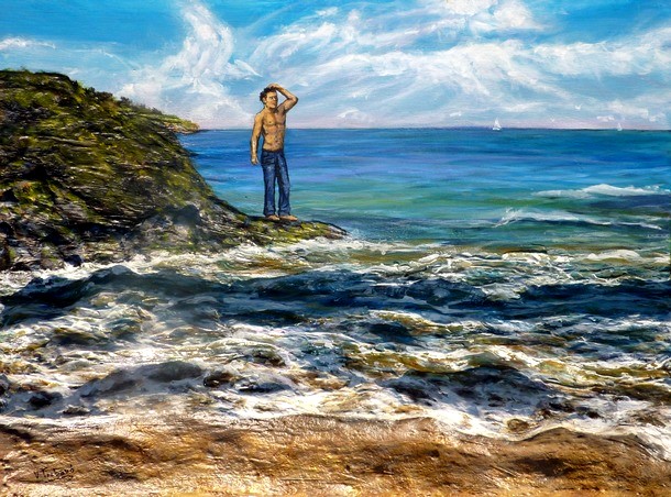 Peinture en Relief 3D - vague et plage de belle ile en mer homme sur les rochers - Cliquez sur l image pour voir l agrandissement et la fiche dtaille de l oeuvre
