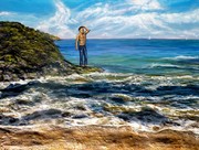Peinture en Relief 3D - vague et plage de belle ile en mer homme sur les rochers - Cliquez sur l image pour voir l agrandissement et la fiche dtaille de l oeuvre