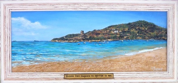 peinture plage et tour de sagone corse - Acrylique et Relief - Virginie Trabaud