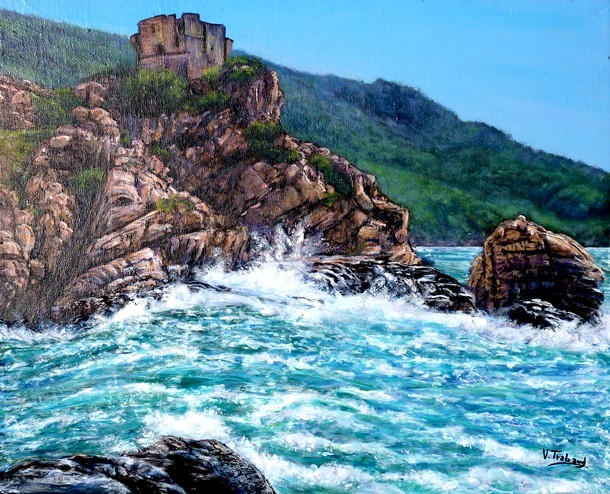 Peinture La Tour de Porto Corse Vagues et Rochers tempte - acrylique et sculpture au mortier en relief 3D - virginie Trabaud