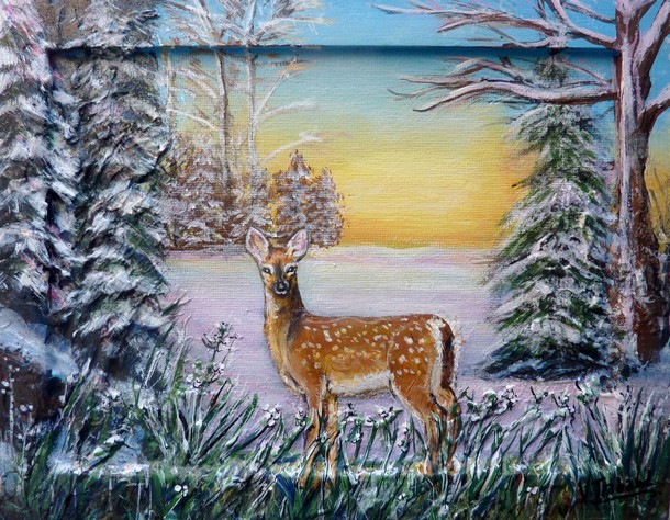 Peinture le Faon paysage d hiver - Acrylique et sculpture en relief 3D - Virginie TRABAUDD
