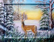 Peinture le faon en hiver - acrylique en relief - Virginie Trabaud