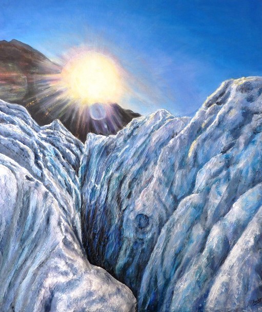 Peinture Le Glacier nouvelle zlande - acrylique et sculpture au mortier en relief 3D - virginie Trabaud