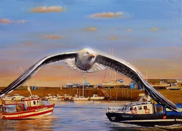 Peinture Le Goéland - Acrylique et mortier en relief - Copyright Virginie TRABAUD