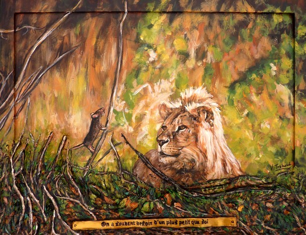 Peinture Le Lion et le Rat - La Fontaine - acrylique et sculpture au mortier en relief 3D - virginie Trabaud