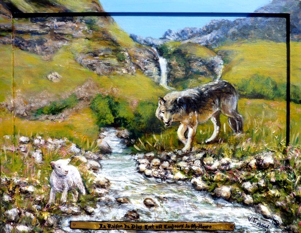 Peinture Le Loup et l'Agneau - La Fontaine - acrylique et sculpture au mortier en relief 3D - virginie Trabaud