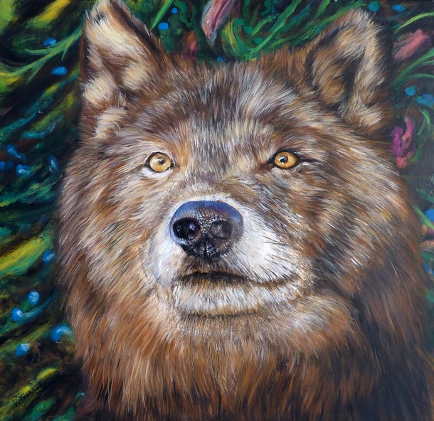 Peinture Portrait de Loup Gris - acrylique et sculpture au mortier en relief 3D - virginie Trabaud