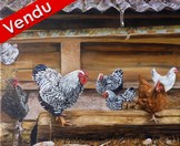 peinture Poulailler coq et poules grises - Cliquez sur l image pour voir la fiche dtaille et consulter le tarif de l oeuvre
