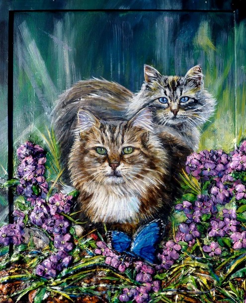 Les Chats et le Papillon bleu - Peinture acrylique et sculpture au mortier- Virginie Trabaud Artiste Peintre