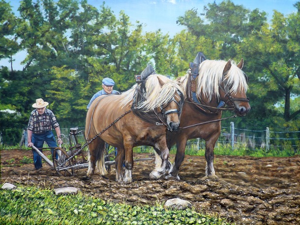 Peinture scne de labour- chevaux de trait moulin vanneau - Acrylique et mortier en relief Virginie TRABAUD Artiste peintre