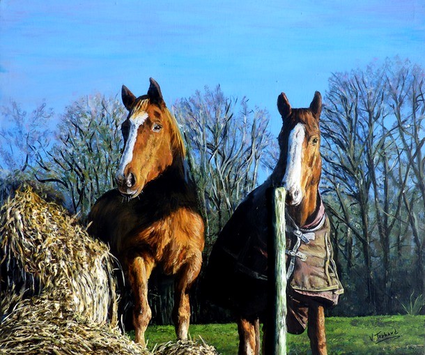 Peinture Les Chevaux dans le pr - Acrylique et mortier en relief Virginie TRABAUD Artiste peintre