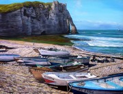 Peinture en Relief Etretat - barques sur la plage Falaises - Virginie Trabaud Artiste peintre