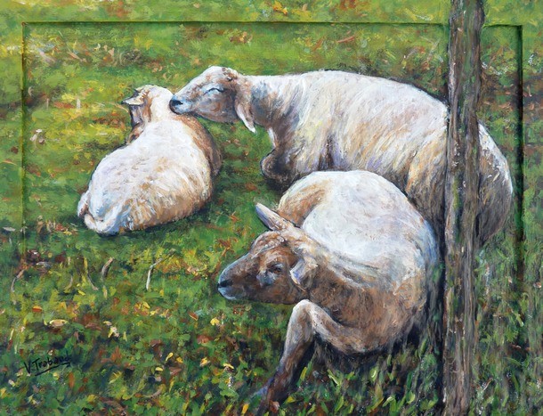 Peinture les Moutons Mre et Petit - Artiste Peintre Virginie Trabaud
