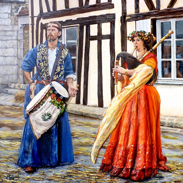 Peinture Les Musiciens de Provins fte mdivale - acrylique et sculpture au mortier en relief 3D - virginie Trabaud