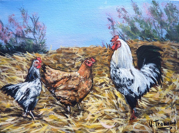 Peinture Acrylique Les Poules et le Coq - Virginie Trabaud Artiste Peintre