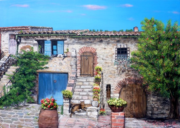 Peinture en Relief 3D - Maison de provence avec Chats - Virginie Trabaud Artiste Peintre