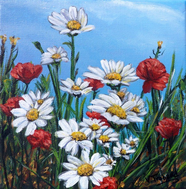 Peinture de Marguerites et Coquelicots - Acrylique Virginie Trabaud Artiste Peintre