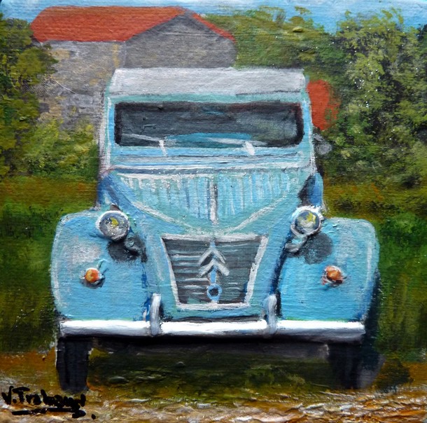 peinture toile miniature 2cv bleue et campagne - Acrylique - Virginie TRABAUD