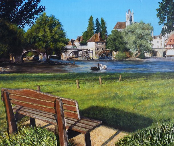 Peinture Moret sur Loing ville de seine et marne - Acrylique et Mortier en relief Virginie TRABAUD Artiste peintre