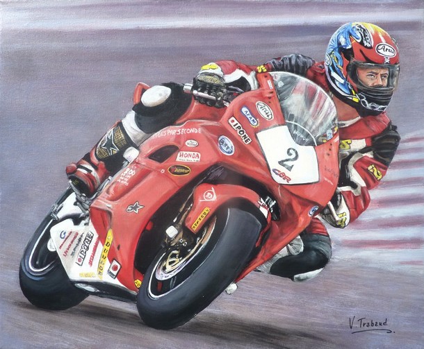 Motard sur circuit avec Moto rouge honda - Peinture acrylique - Copyright Virginie TRABAUD Artiste Peintre