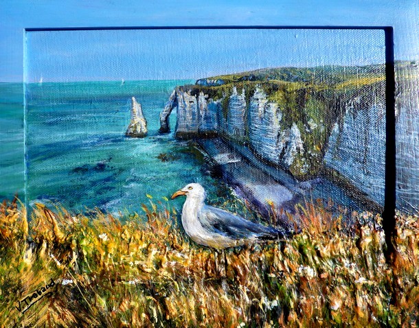 Peinture Goland sur les falaises d etretat - acrylique en relief - virginie trabaud artiste peintre