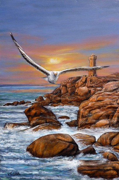 Peinture Mouette et Phare de Ploumanac'h - Acrylique et relief au mortier - Virginie TRABAUD