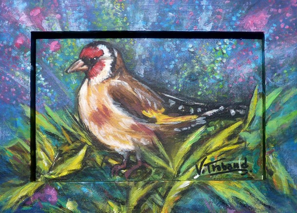 Peinture oiseau Chardonneret lgant - acrylique - Virginie TRABAUD Artiste Peintre