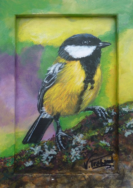 Peinture mesange noire dans la nature - virginie Trabaud Artiste Peintre